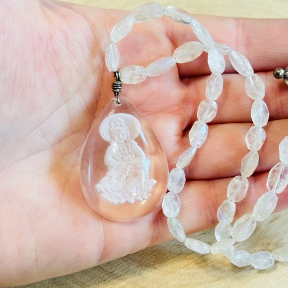 Energy Muse Intaglio Buddha Necklace Quartz natural beads Statement Collar 16" - Picture 4 of 6